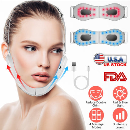 Double Chin Reducer Machine Electric Face Lift Device V Face Shaping Massager with Red Blue Light 4 Mode 3 Intensity Level Adjustable Belt