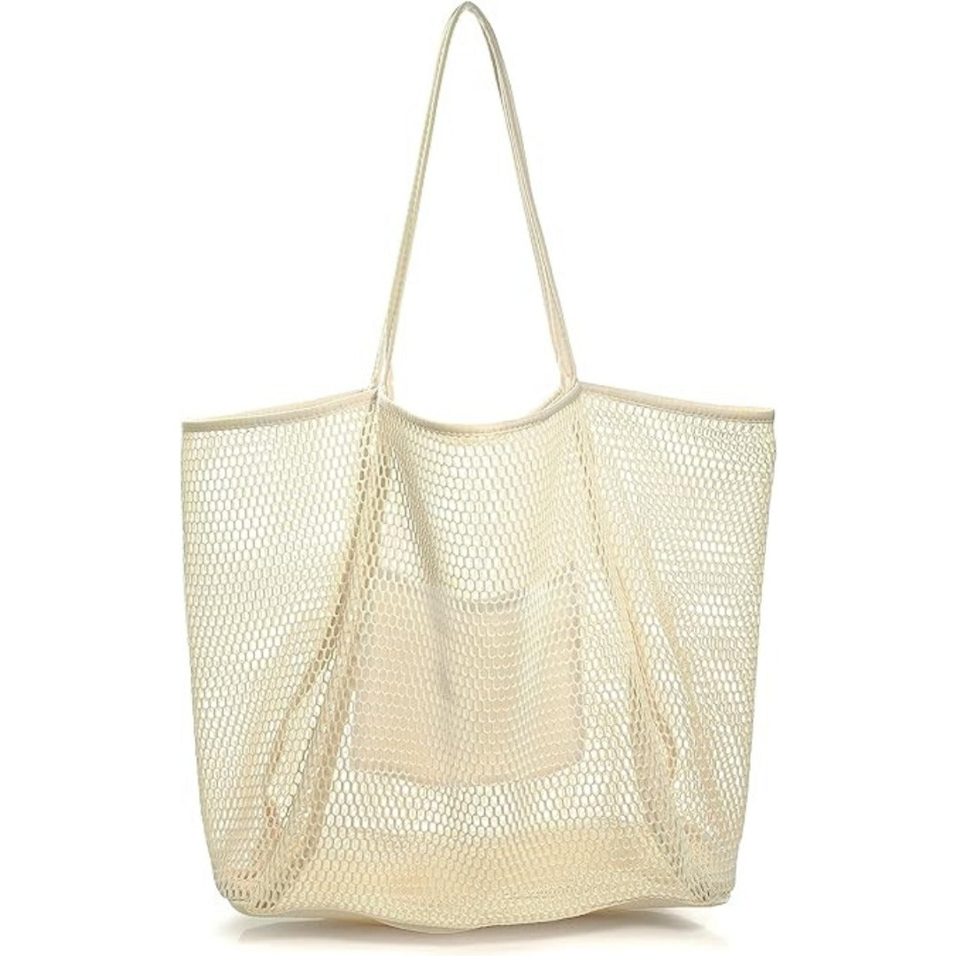 Large Capacity Ladies Beach Bag - Hollow Mesh Tote for Outdoor Travel & Storage