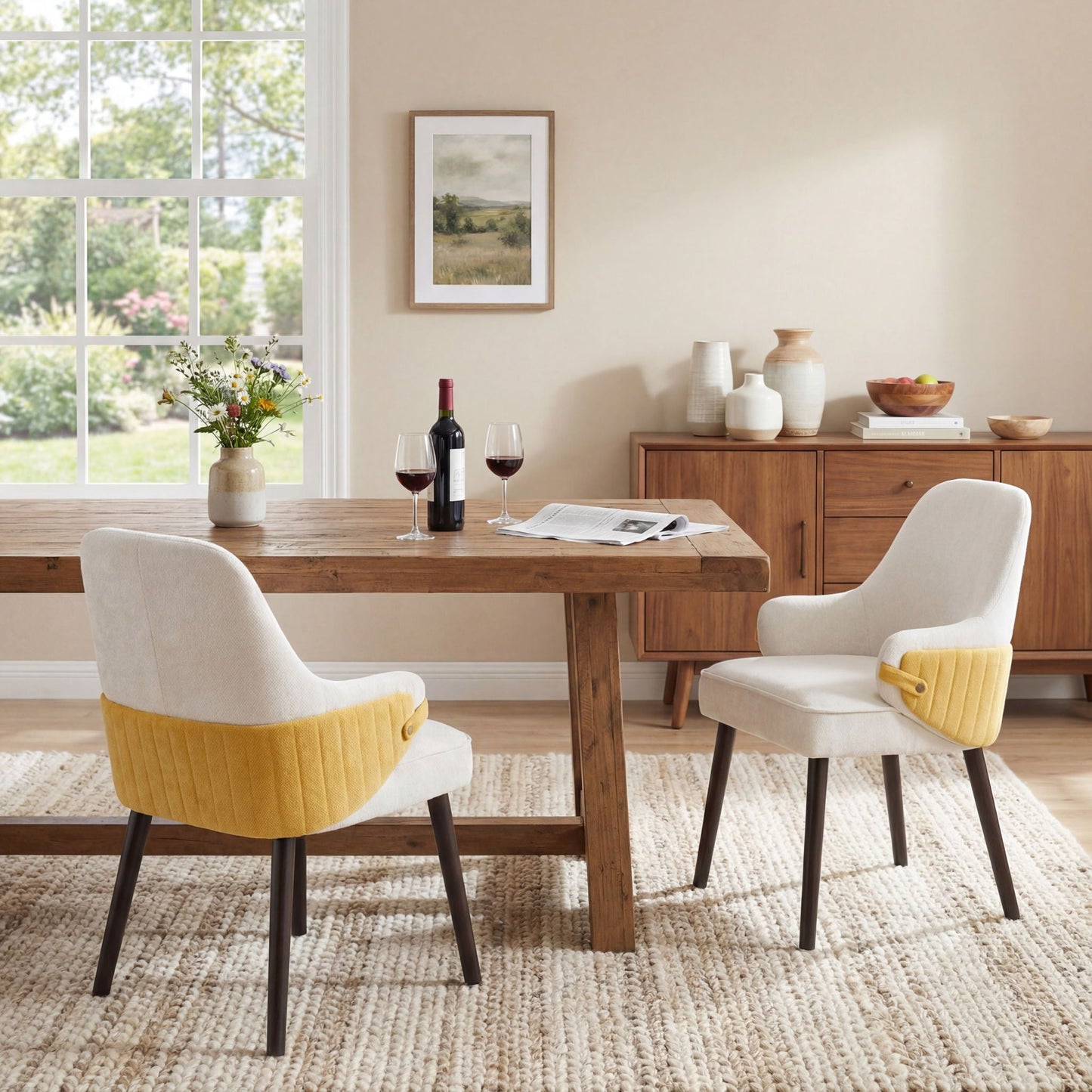 Indoor Dining Chair Set of 2 with Sturdy Frame - Beige / Yellow