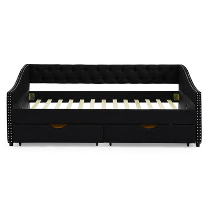 Upholstered Tufted Daybed With 2 Drawers, Waved Arms