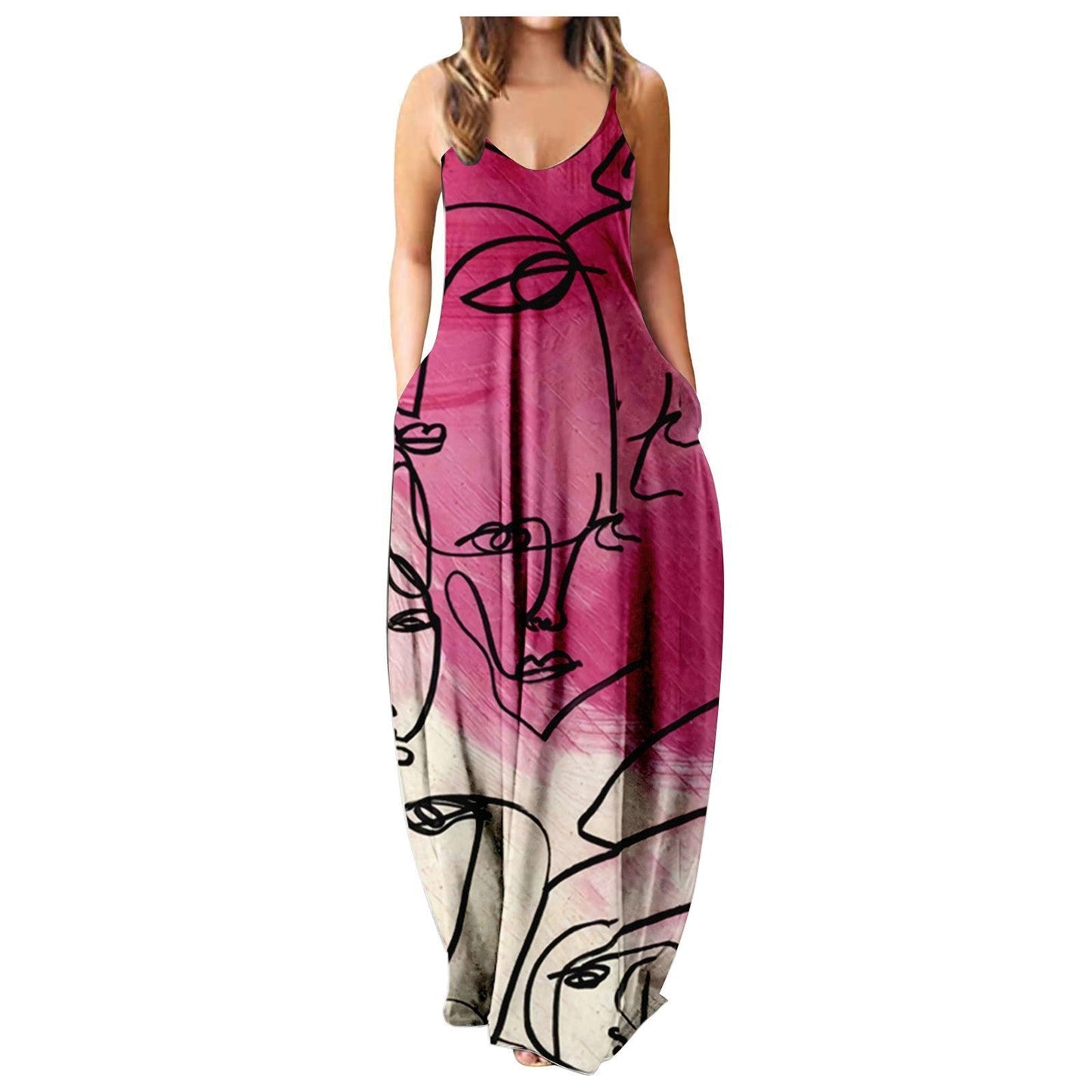Summer Cool Strap Dress Abstract Face Style Digital Printing Elegant Street Dress
