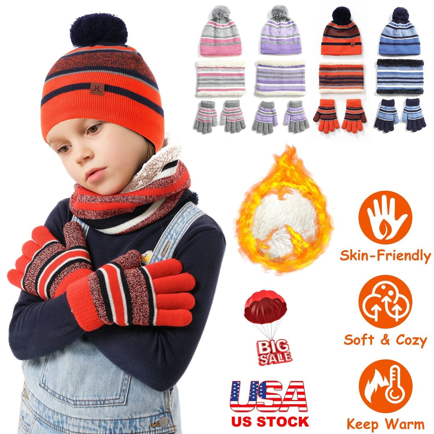 Winter Kids Knitted Hat Scarf Gloves 3Pcs Boys Girls Winter Warm Beanie Hat and Glove Scarf Set Beanie Neck Warmer Mittens for 4-7-Year-Old Kids