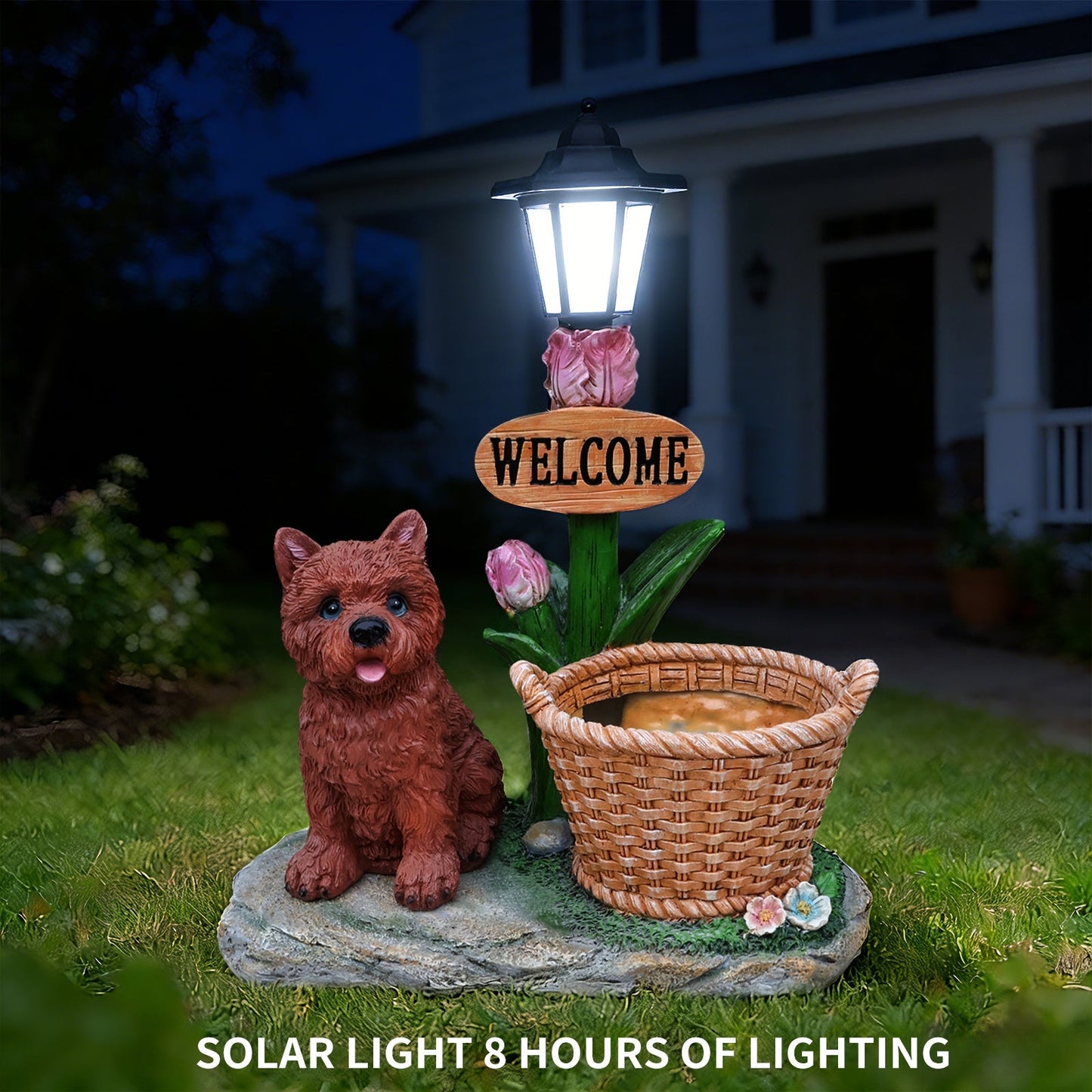 Sitting Puppy Solar Planter Outdoor Statue