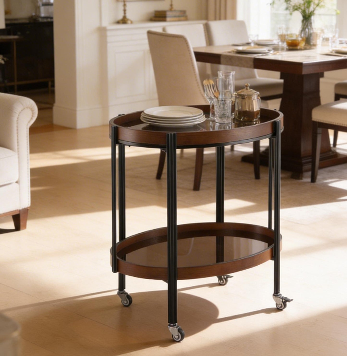 Oval 2 Shelf Dark Kitchen Cart