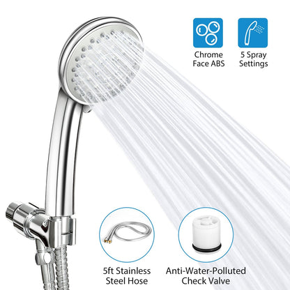 iMounTEK Handheld Shower Head Stainless High Pressure 5 Spray Settings Massage Spa Showerhead Chrome Face with Check Valve 5ft Steel Hose Adjustable A