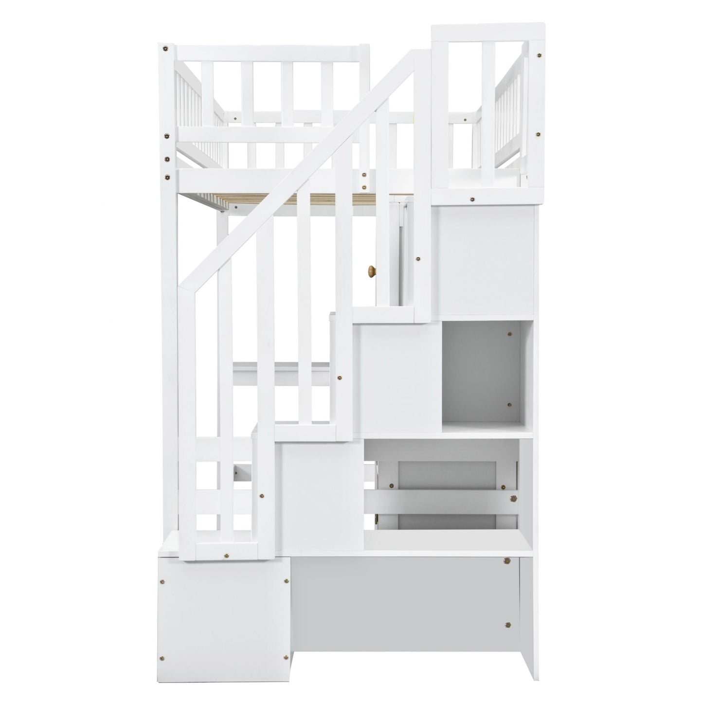 Loft Bed With Built In L Shaped Desk, LED Lights, Storage Shelves, Cabinets, And Staircase