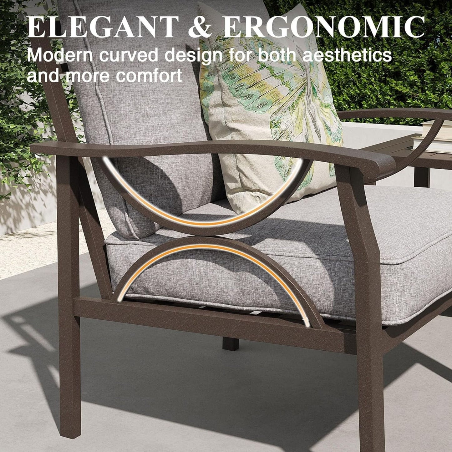 All Weather Armchairs With Cushions, Sculptural Design (Set of 2) - Gray / Khaki
