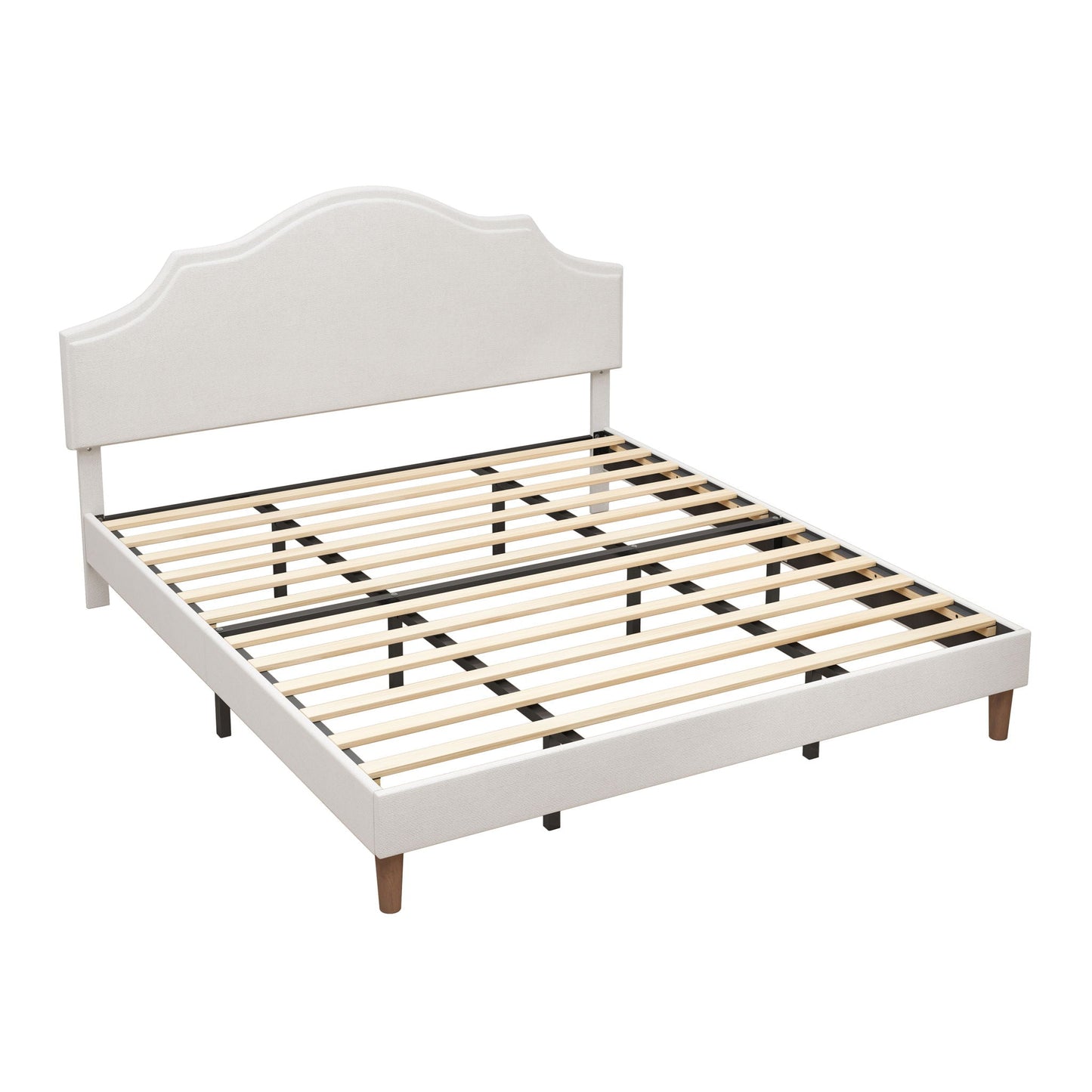King Size, Upholstered Platform Bed Frame With Adjustable Headboard, No Box Spring Needed - White