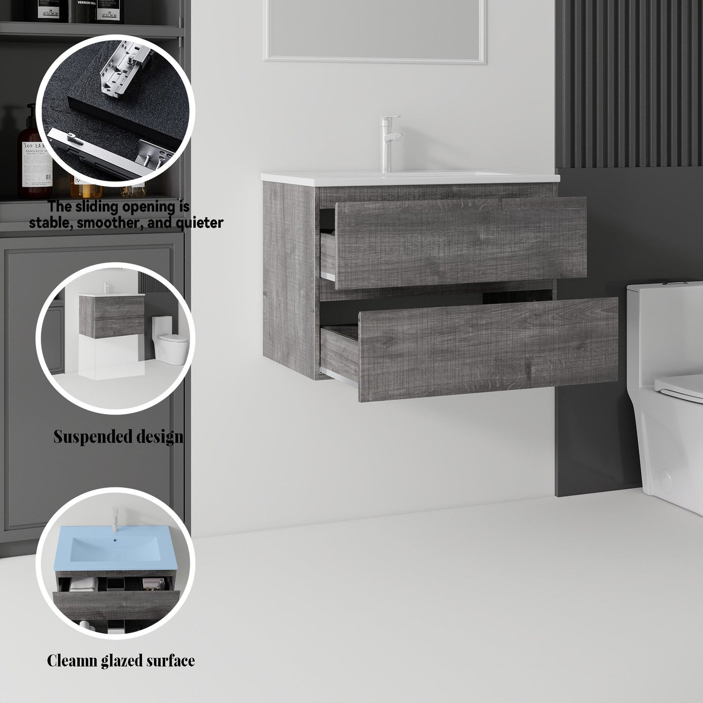 24 Inch Floating Bathroom Vanity with Sink, Soft-Close Drawer, Ceramic Sink, Plywood