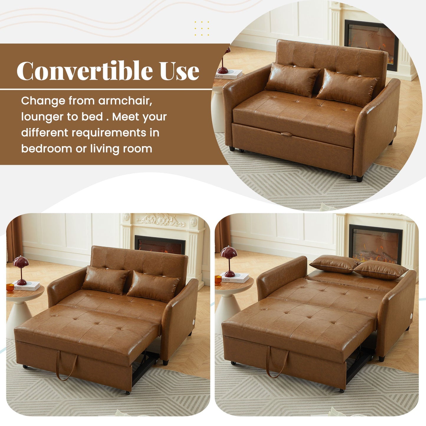 Convertible Sleeper Sofa Bed With 3 USB Ports