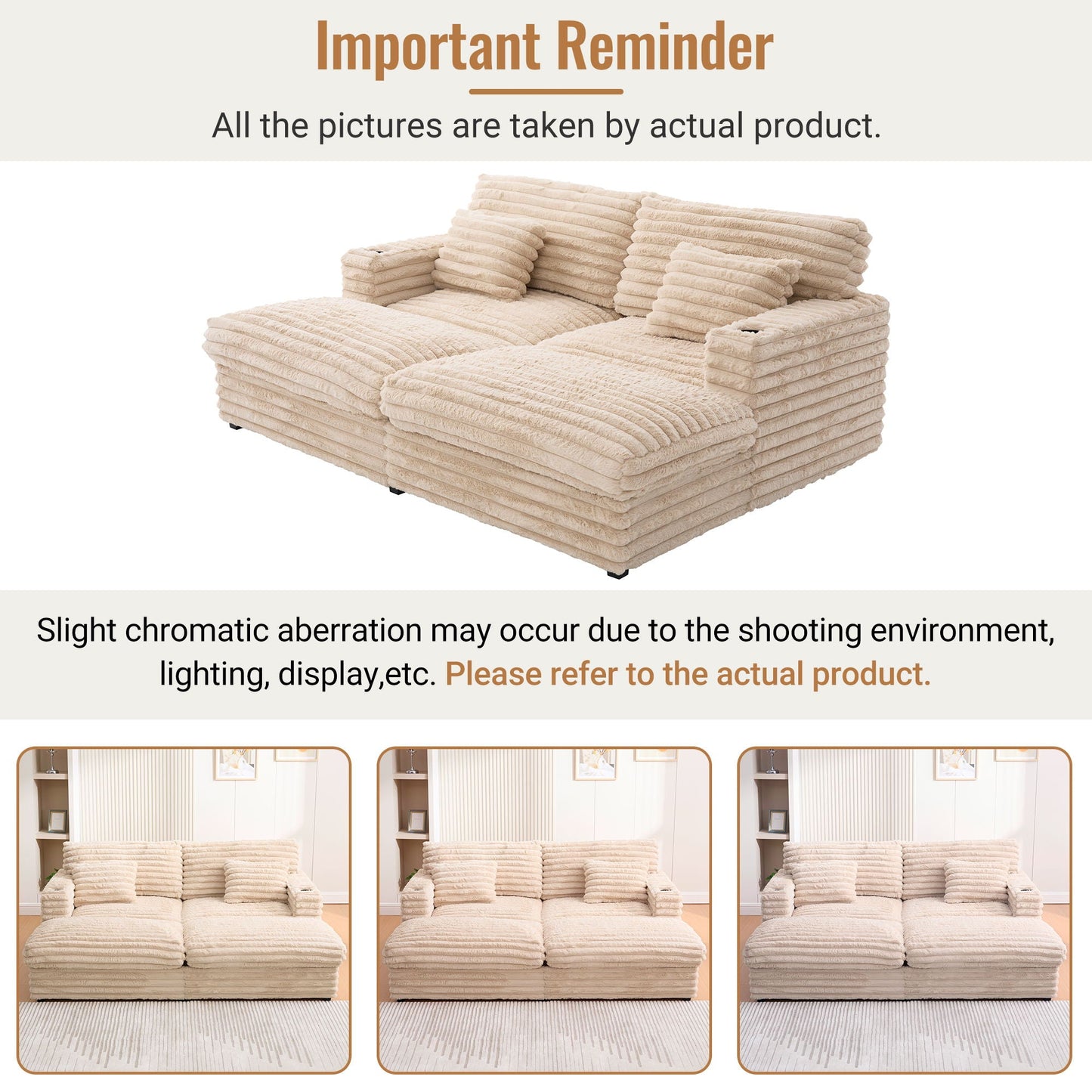 Oversized Double Chaise Lounge Sofa Bed With USB Ports And Cup Holders