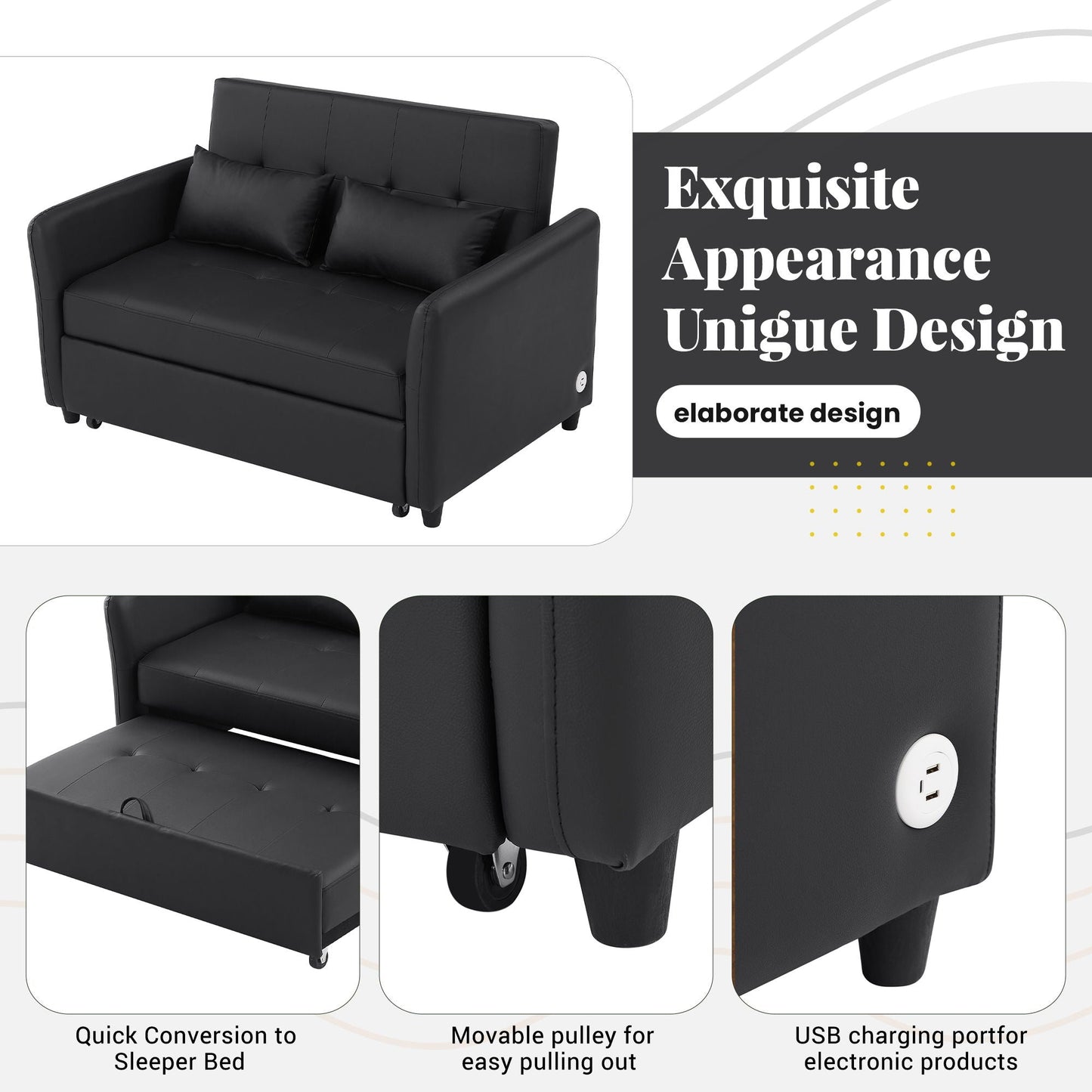 Convertible Sleeper Sofa Bed With 3 USB Ports
