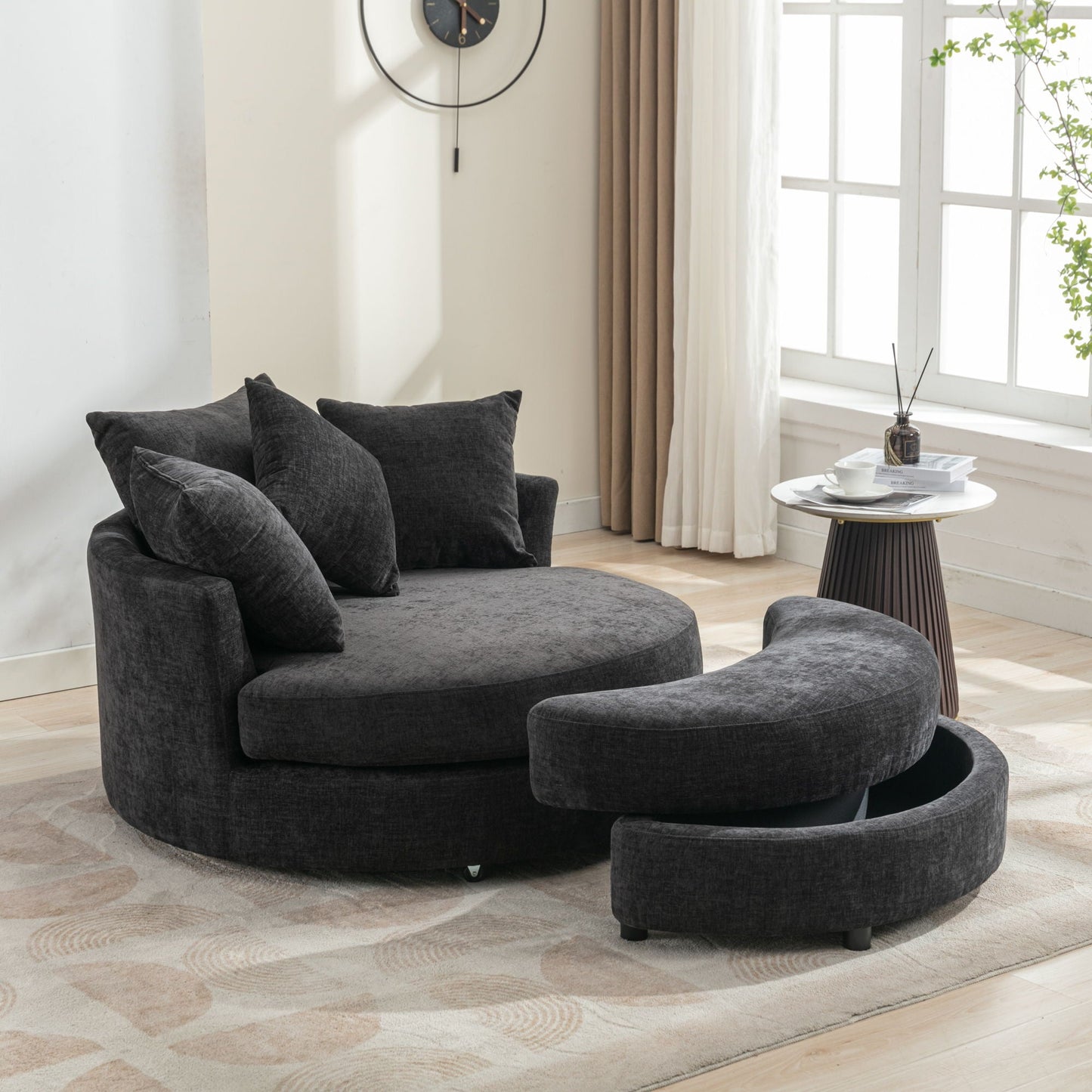 360° Swivel Accent Barrel Chair With Storage Ottoman & 4 Pillows, Modern Leisure Chair Round Accent For Living Room