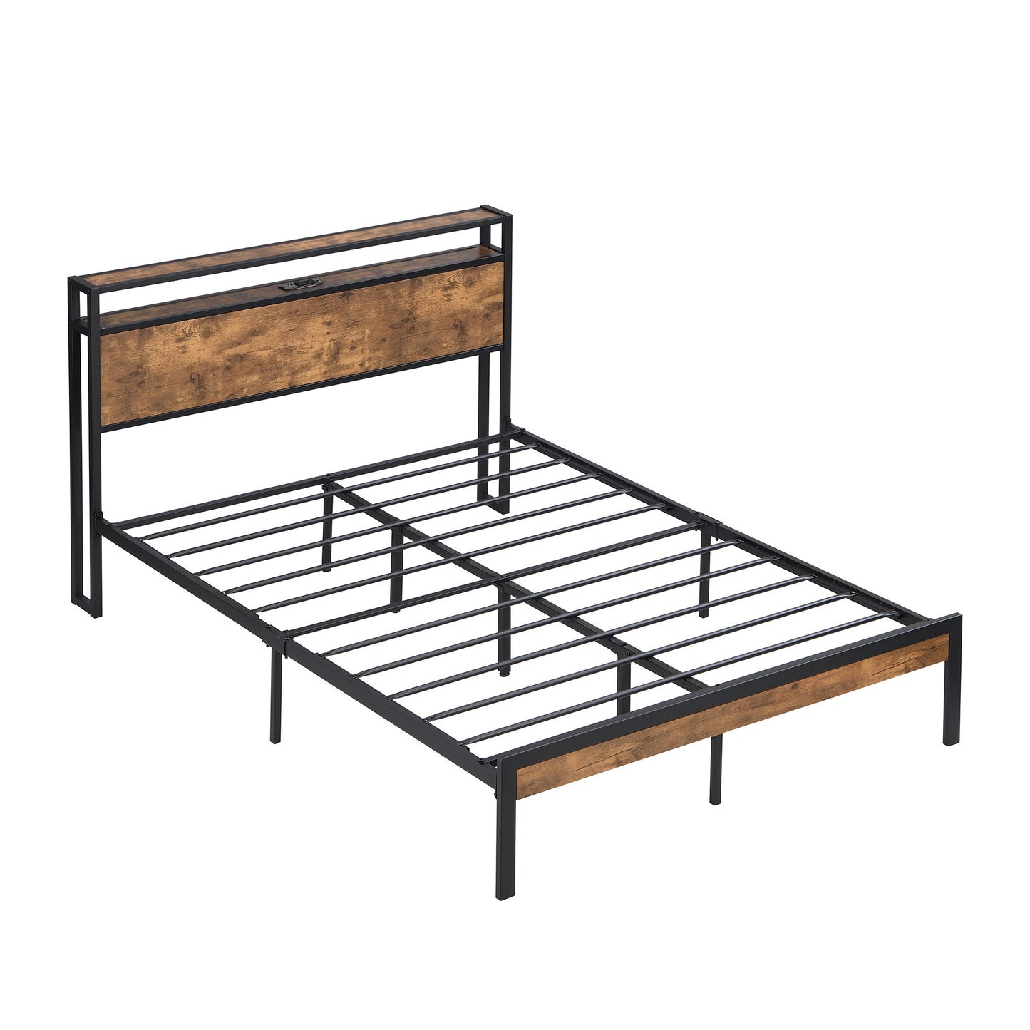 Metal Platform Bed Frame With Wooden Headboard And Footboard With USB Liner, No Box Spring Needed, Under Bed Storage