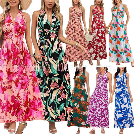 Women's Halter Neck Printed Bohemian Dress Vacation Beach Maxi Dress