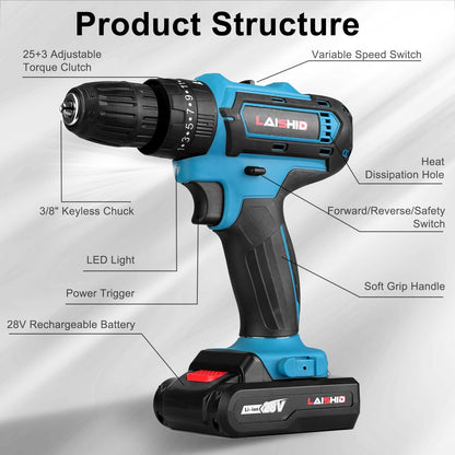 Cordless Drill Set With 2Pcs 28V Batteries and Charger 2 Variable Speeds 3/8In Keyless Chuck 265ln-lbs 25+3 Torque Positions Included 24Pcs Drill Bits