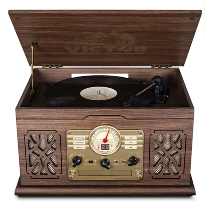 Victor State 7-in-1 Wood Music Center with 3-Speed Turntable and Dual Bluetooth