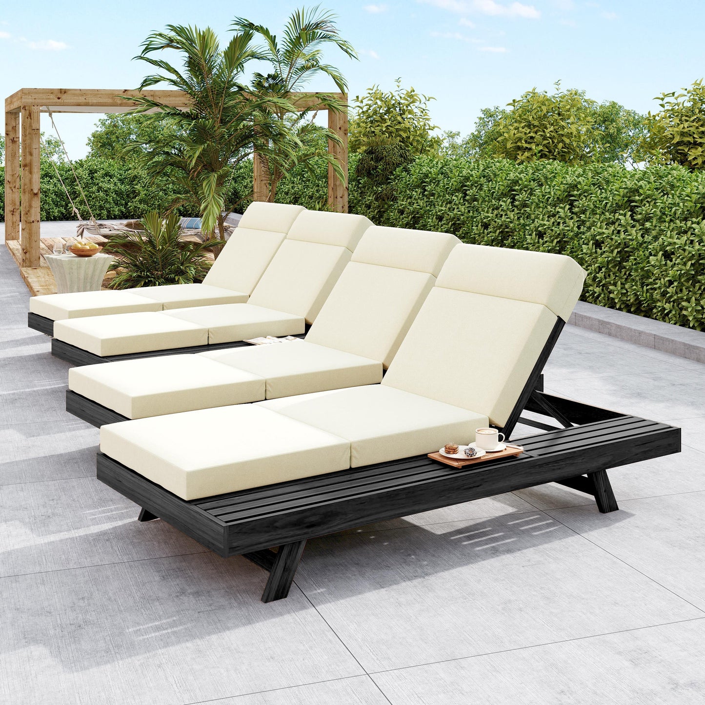 Lounge Chaise Set with Headrest, Acacia Wood