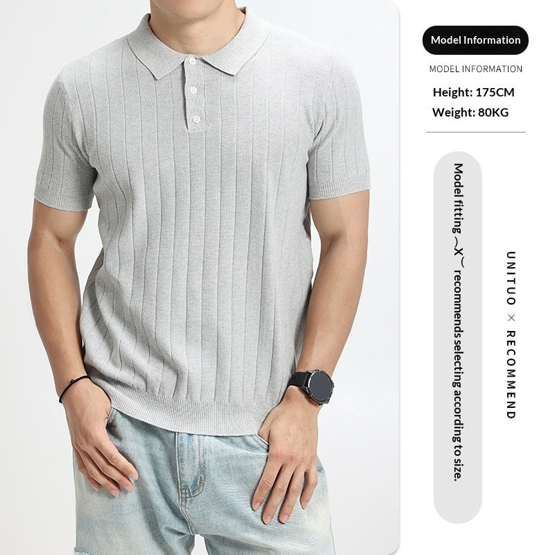 Mens Light-Luxury Rib-Knit Polo Shirt