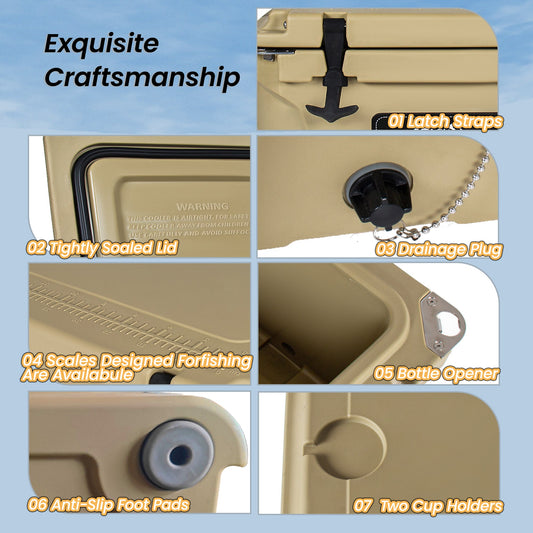 50 Quart Khaki Cooler, Ultra-Light Insulated Ice Chest