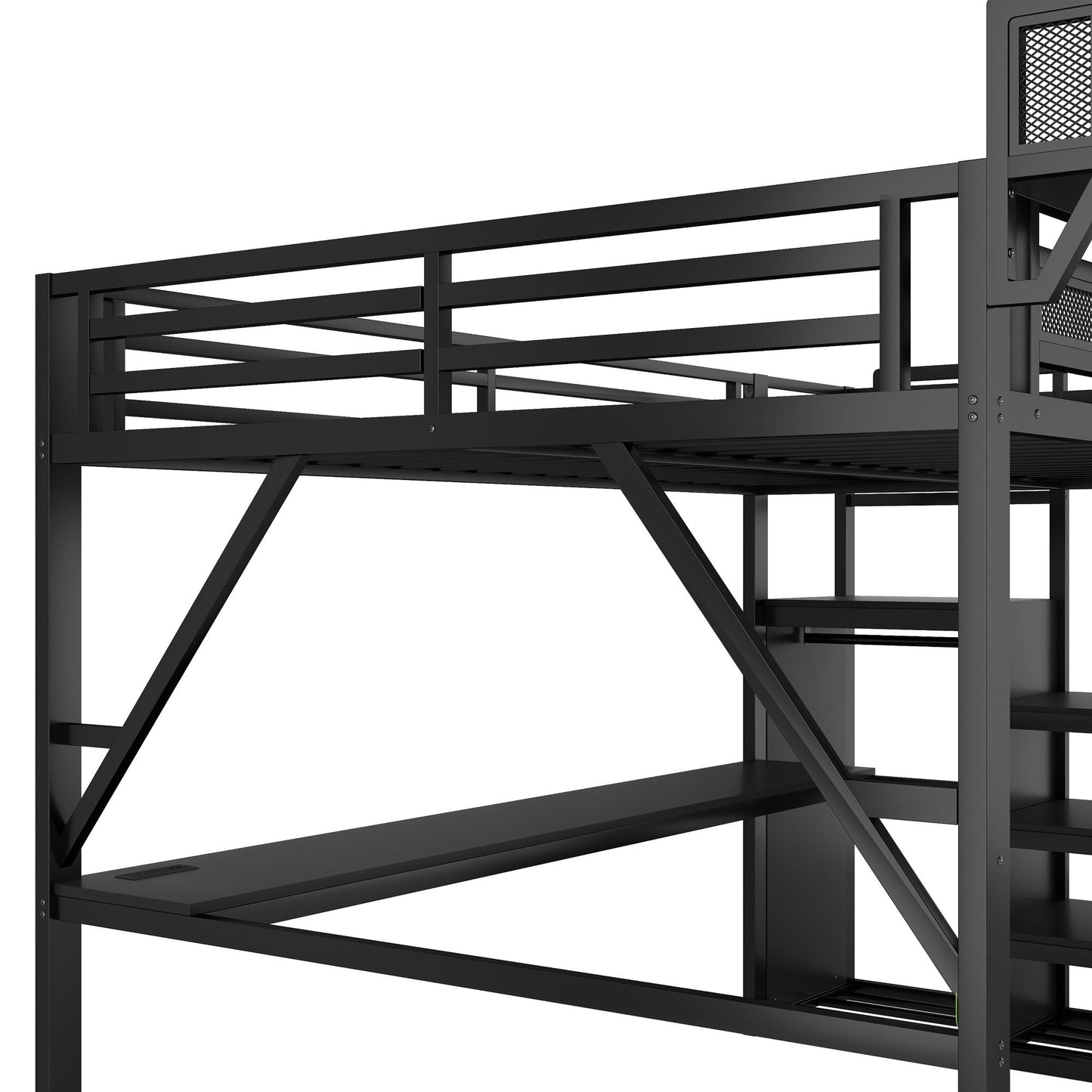 Loft Bed With Desk And Charging Station With Stairs And Light