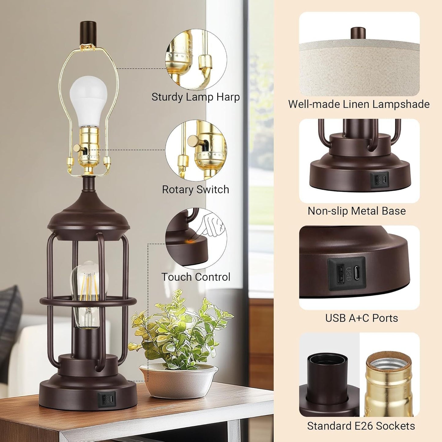 Table Lamp Set of 2 with USB Ports, Touch Control, and 3-Way Dimmable Light