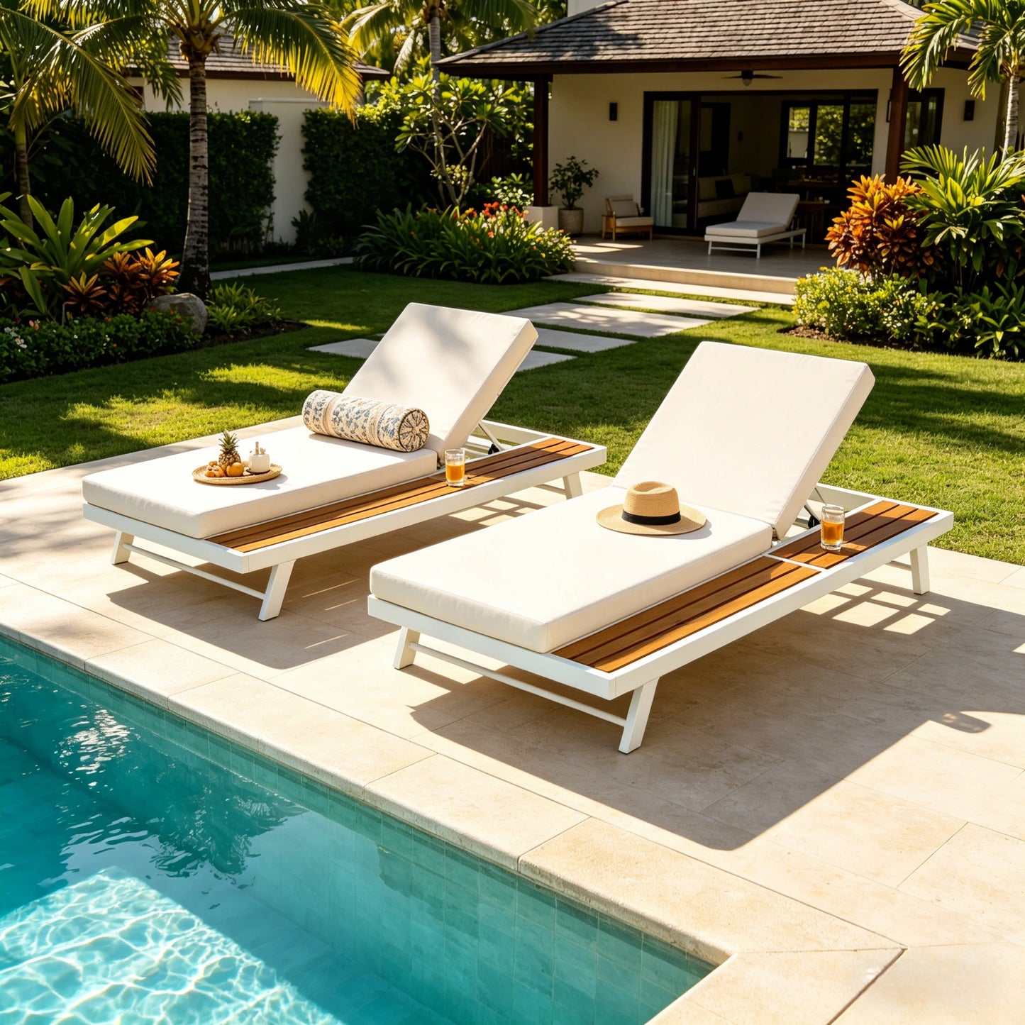 White Iron and Teak Finish Chaise Lounge Set with Cream Cushion