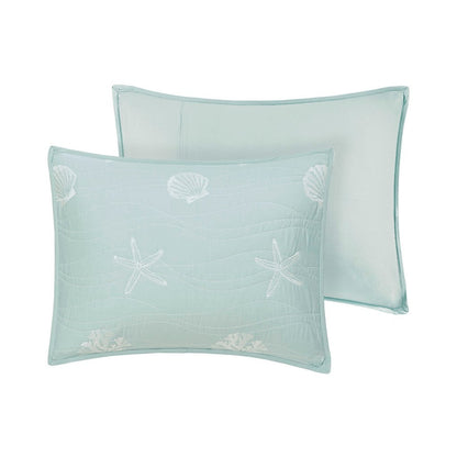 4 Piece Cotton Reversible Embroidered Quilt Set with Throw Pillow Aqua King/Cal King