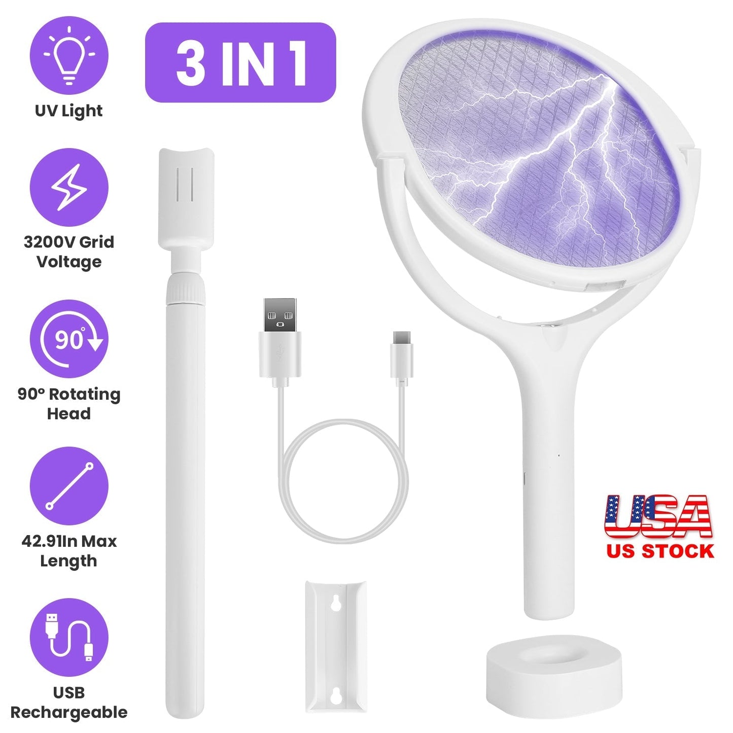 3 In 1 Electric Bug Zapper Racket 90¼Rotating Bug Zapper Wand Indoor Outdoor Handheld Mosquito Swatter with Telescopic Extension Wand