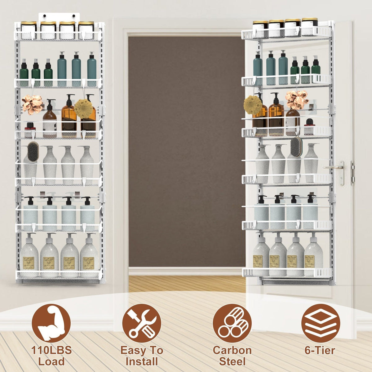 Over The Door Pantry Organizer 6-Tier Pantry Door Organizer Carbon Steel 110LBS Loading Easy Install Behind Door Storage For Closet Kitchen Bathroom 5