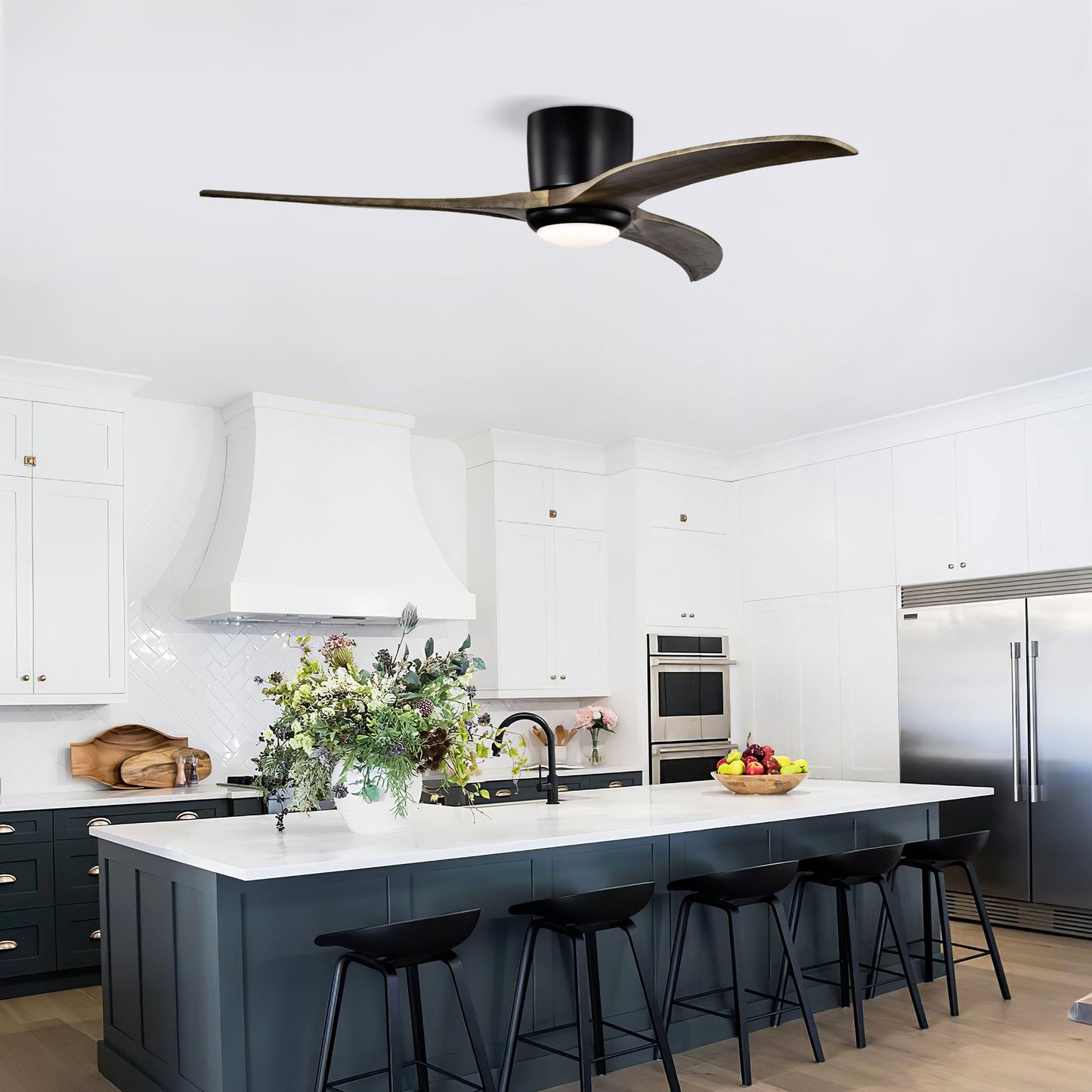 52" Flush Mount Solid Wood Blades Ceiling Fan with Lights and Remote Control