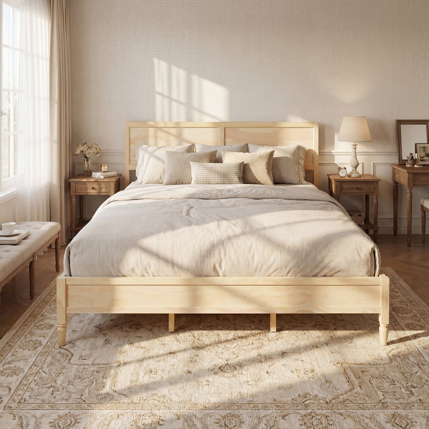 King Size Wood Platform Bed Frame with Classic Panel Headboard