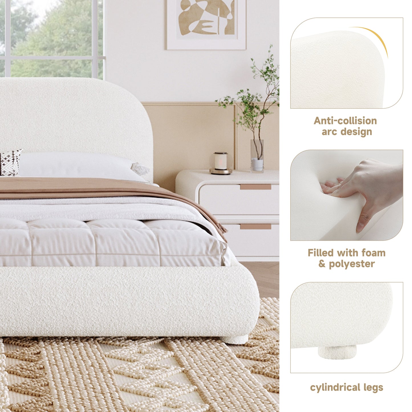 Cream Style Fabric Upholstered Bed, Simple Modern Bedroom King