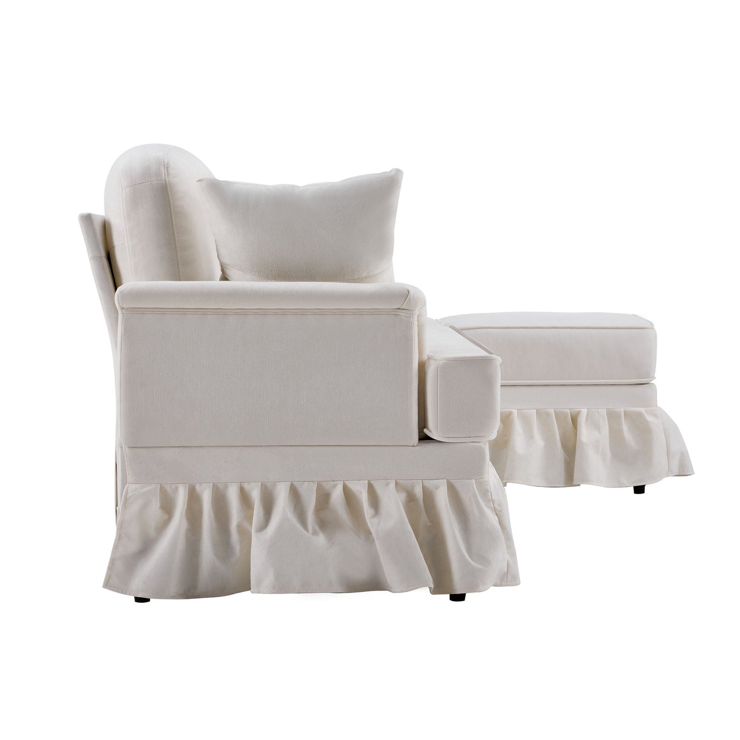 L-Shaped Sectional Sofa With Removable Ruffled Skirt, Flared Arms, Ottoman - White
