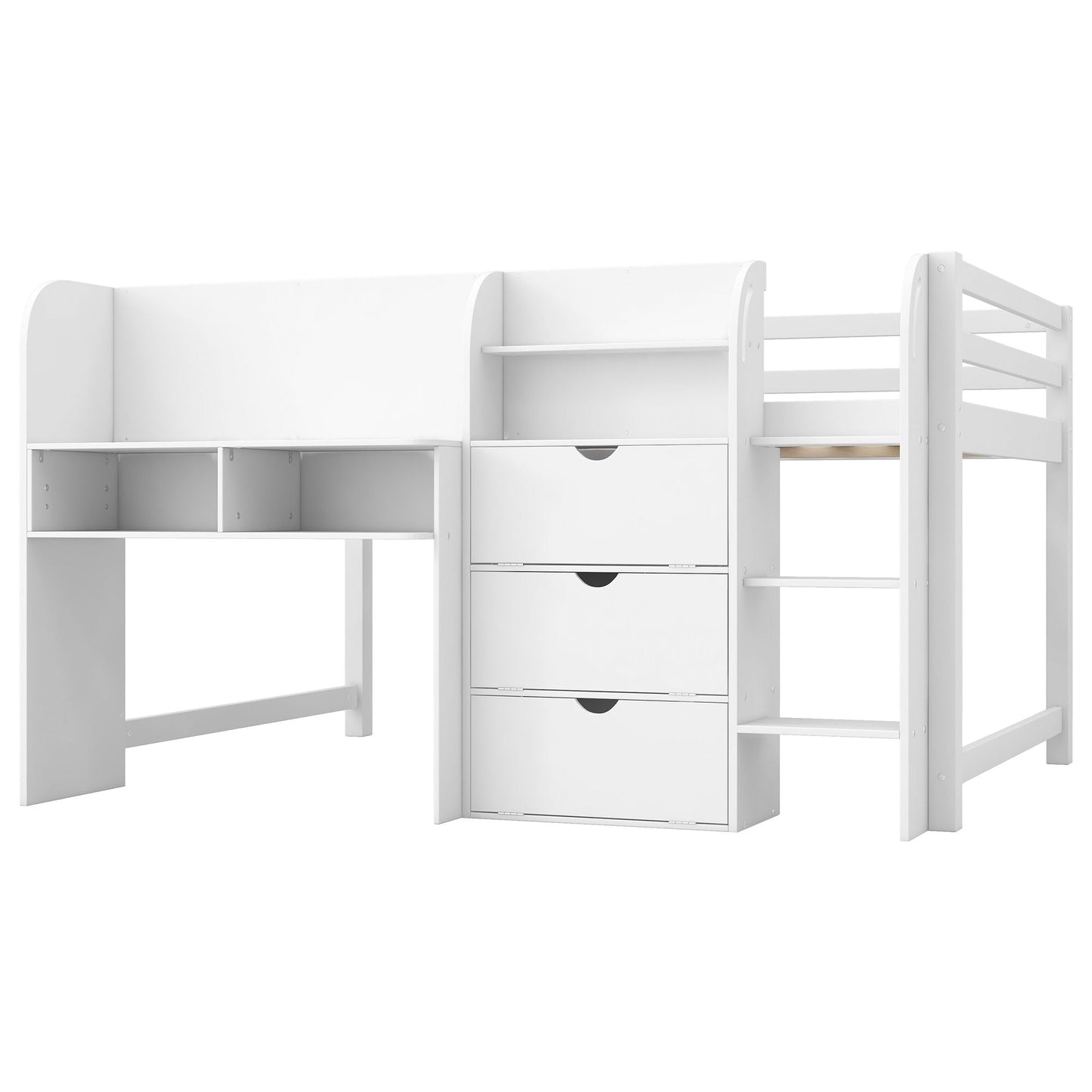 Low Loft Bed With Built In Desk, Storage Cabinets, Open Bookcase And Doodle board