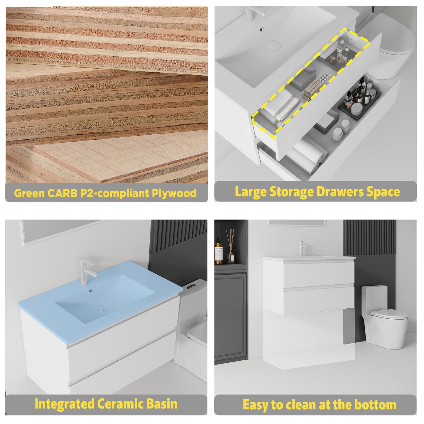 30 Inch Floating Bathroom Vanity with Sink, Soft-Close Drawer, Ceramic Sink, Plywood
