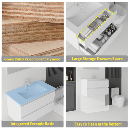30 Inch Floating Bathroom Vanity with Sink, Soft-Close Drawer, Ceramic Sink, Plywood