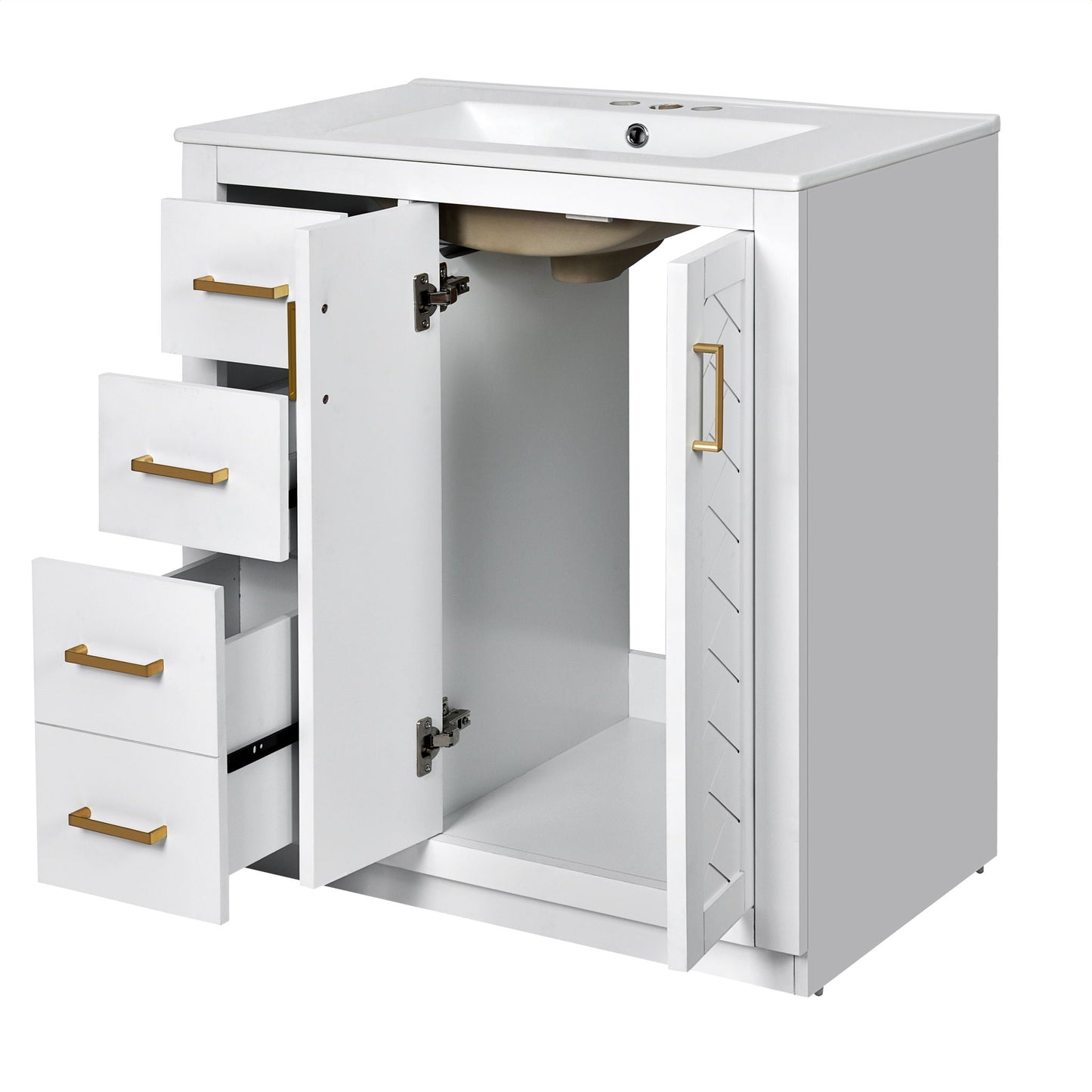 Ceramic Sink Combo, Freestanding Vanity Set With 3 Drawers & Soft Closing Doors