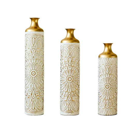 3 Piece Home Decoration Large Glazed Floor Vases - Gold / White