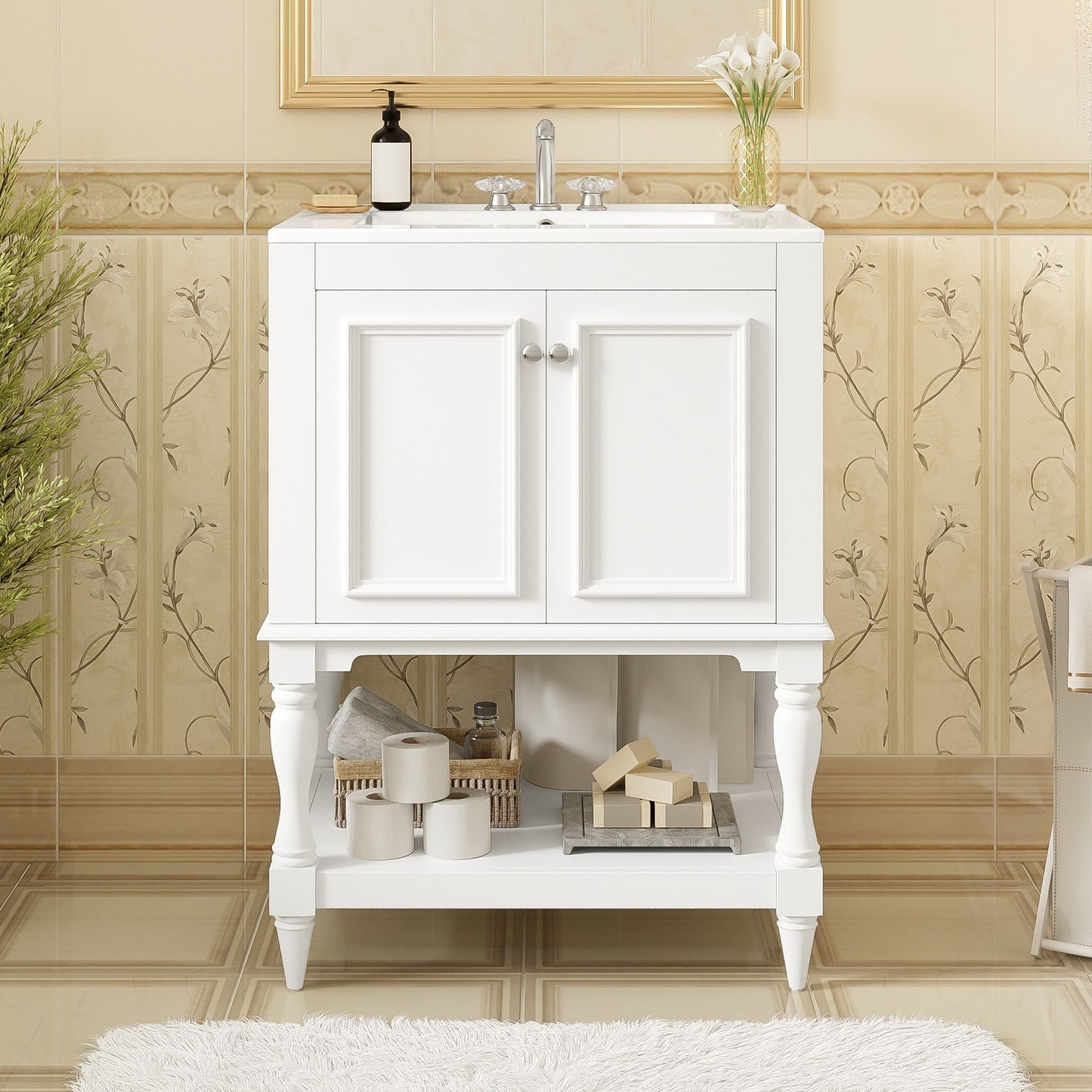 Modern Bathroom Vanity With Sink, Rectangular Cabinet With Open Shelf And Closed Storage