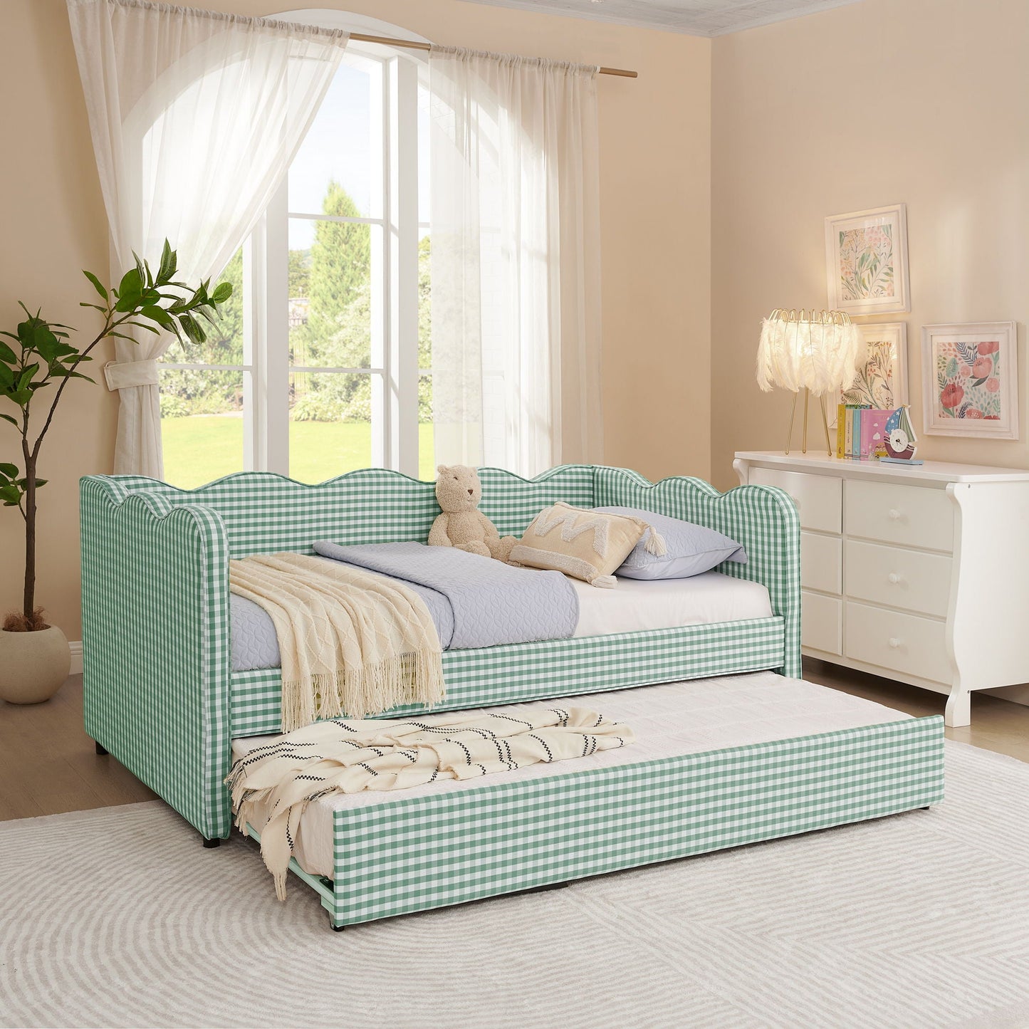 Gingham Daybed With USB Charging Port, Wave Shaped Design