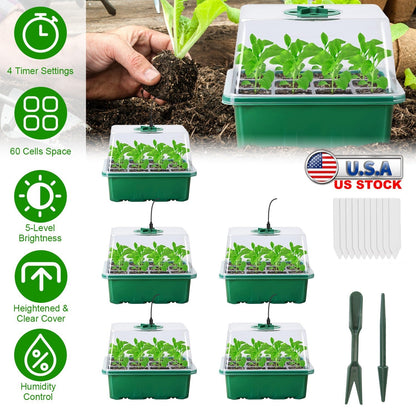 5Packs Seed Starter Tray With Grow Light Humidity Dome Germination Kit with 5-Level Brightness 4 Timers for Indoor Greenhouse
