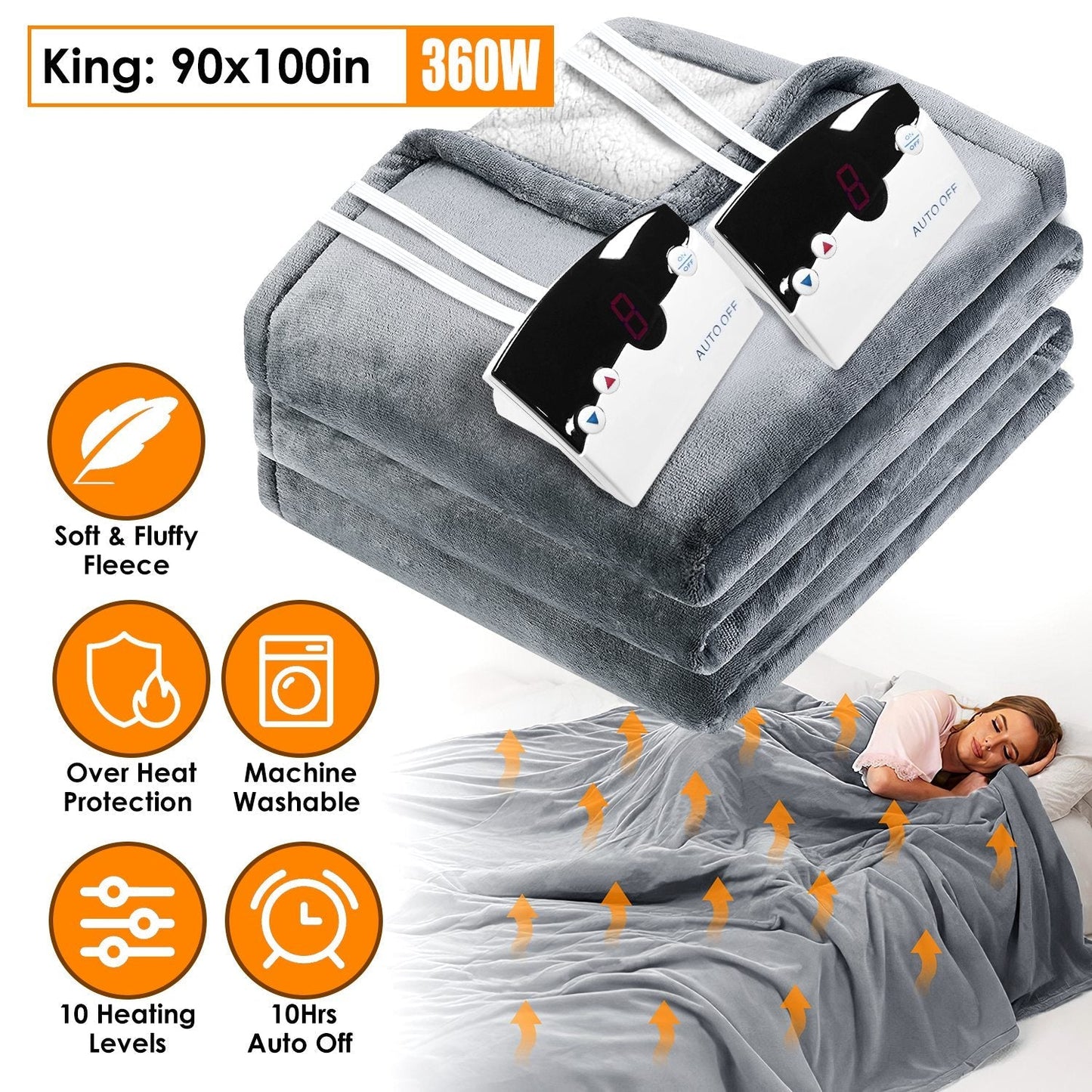 Electric Heated King Size Fleece Heated Blanket with Dual Controller 10 Heating Levels 10 Hours Auto Off Machine Washable for Home Office Usage 90x100