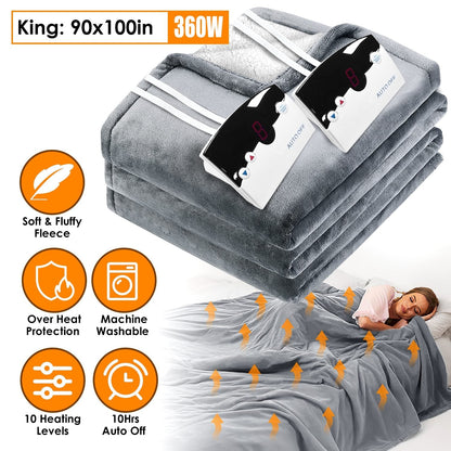 Electric Heated King Size Fleece Heated Blanket with Dual Controller 10 Heating Levels 10 Hours Auto Off Machine Washable for Home Office Usage 90x100