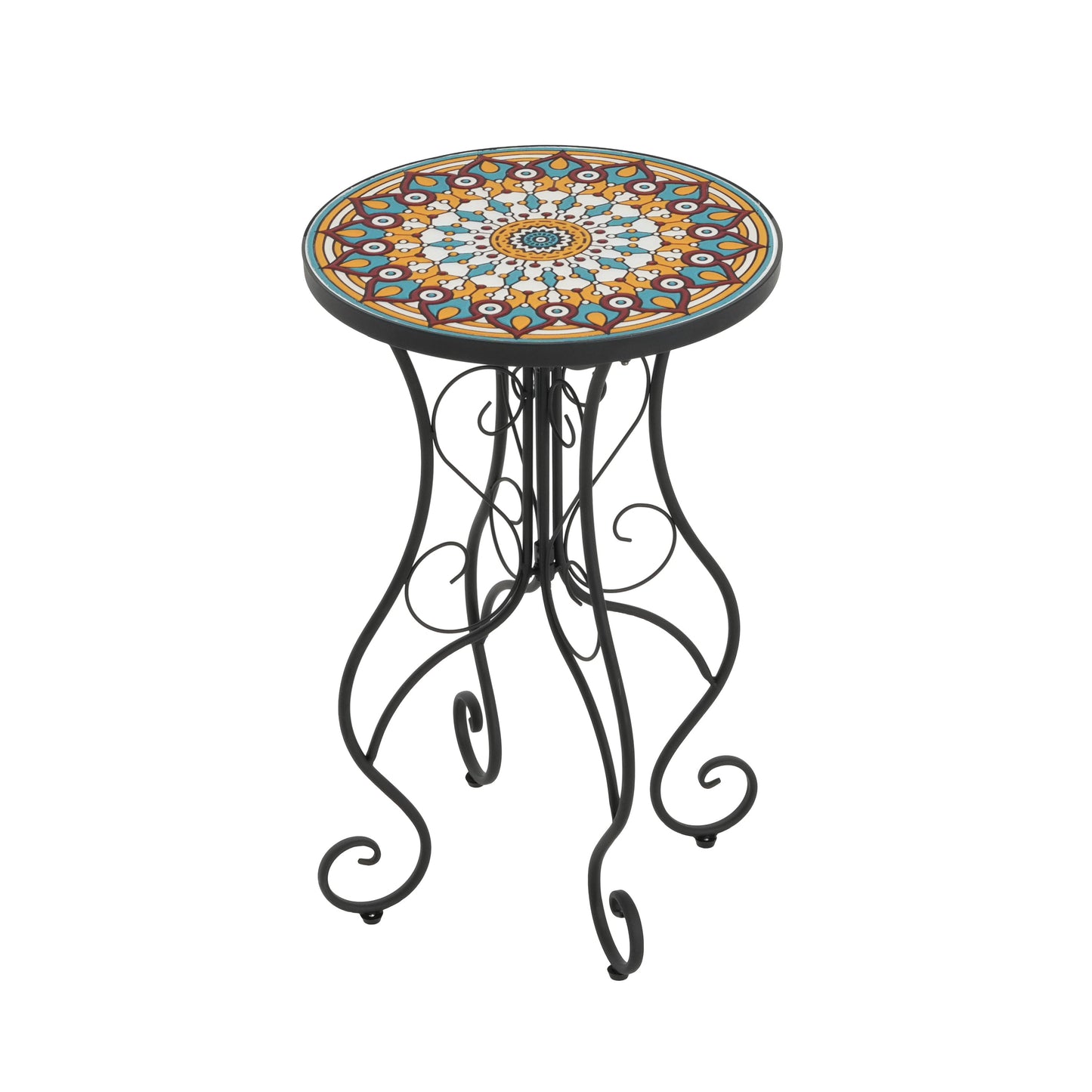 Round Ceramic Outdoor Side Table, Colorful + Black
