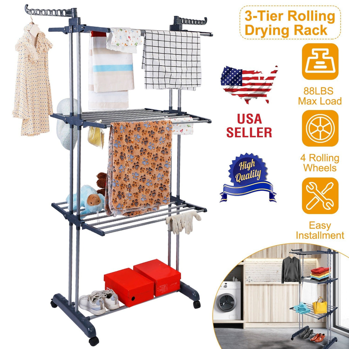 Clothes Drying Rack Rolling Collapsible Laundry Dryer Hanger Stand Rail Shelve_x000B__x000B_Wardrobe Clothing Drying Racks w/ Dual Side Wings