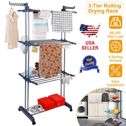 Clothes Drying Rack Rolling Collapsible Laundry Dryer Hanger Stand Rail Shelve_x000B__x000B_Wardrobe Clothing Drying Racks w/ Dual Side Wings
