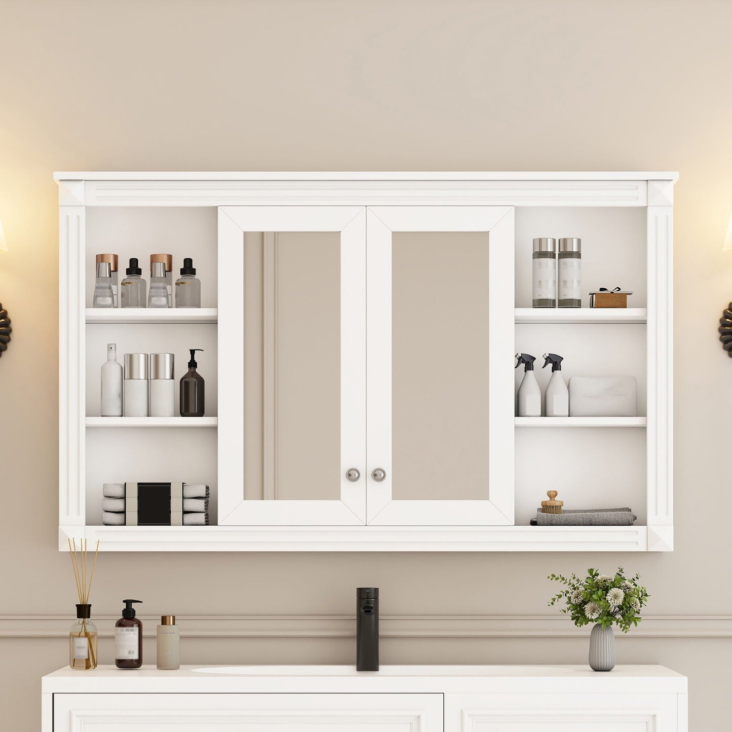 Wall-Mounted Mirror Cabinet With Adjustable Shelf and Open Shelves