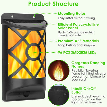 Flame Solar Lights Outdoor 96 LEDs Waterproof Flickering Flame Wall Mount Lamp Auto On Off Sensor Decorative Landscape Night Lamp For Deck Patio Yard