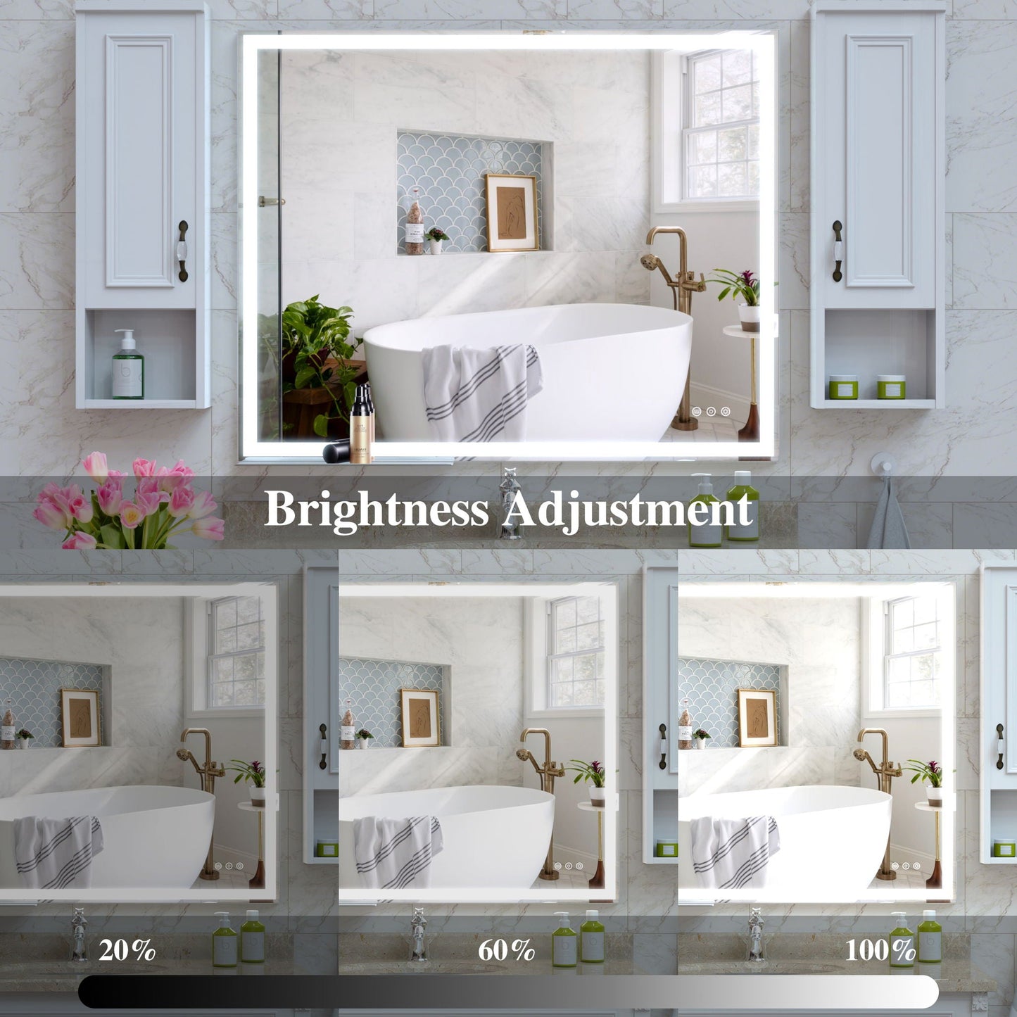 LED Bathroom Vanity Mirror Wall Mounted Adjustable / Warm / Natural Lights Anti-Fog Touch Switch With Memory Modern Smart Large Bathroom Mirrors